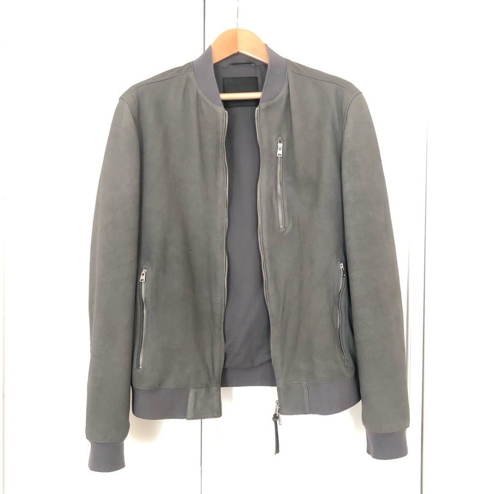 ALLSAINTS “Kemble” Bomber Jacket in grey suede. Size: Extra Large.